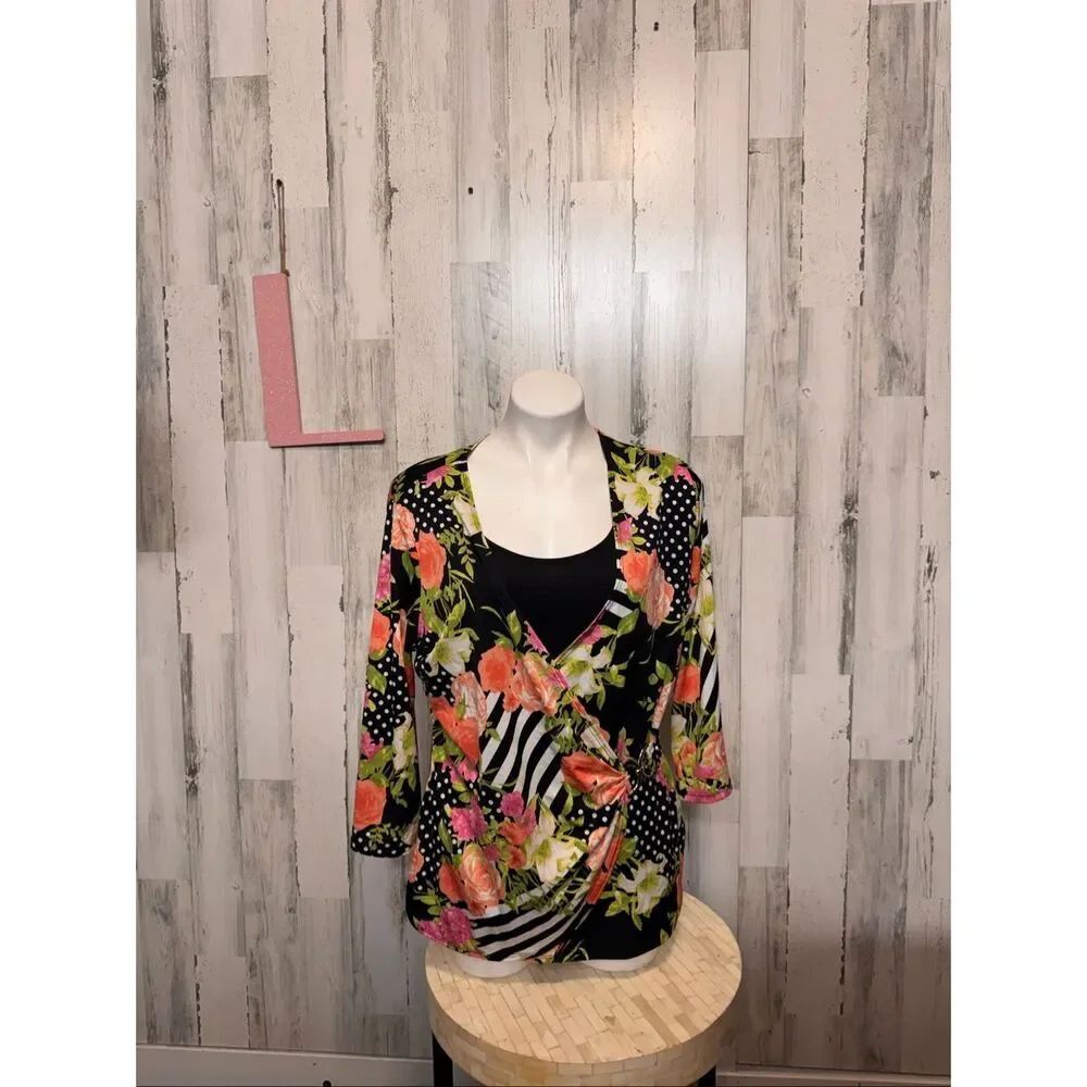 Notations Mixed Print Floral Polka Dot Faux Wrap Blouse Womens Size Large L Top